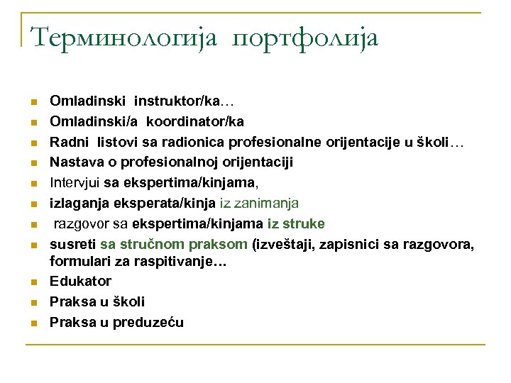 Терминологија портфолија n n n Omladinski instruktor/kа… Omladinski/a koordinator/ka Radni listovi sa radionica profesionalne