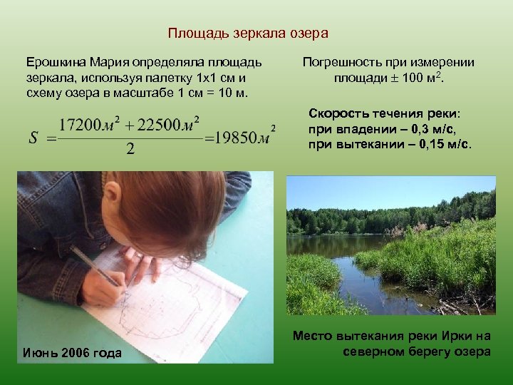 Площадь зеркала озера Ерошкина Мария определяла площадь зеркала, используя палетку 1 х1 см и