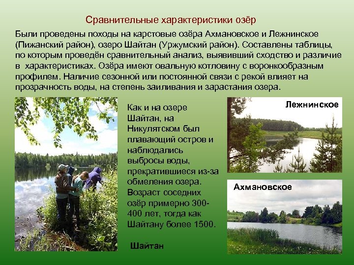 Сравнительные характеристики озёр Были проведены походы на карстовые озёра Ахмановское и Лежнинское (Пижанский район),