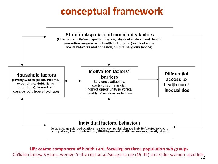 conceptual framework Life course component of health care, focusing on three population sub-groups Children