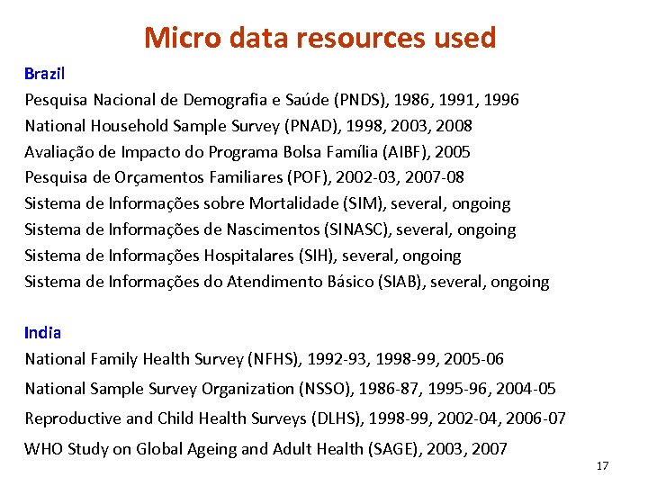 Micro data resources used Brazil Pesquisa Nacional de Demografia e Saúde (PNDS), 1986, 1991,