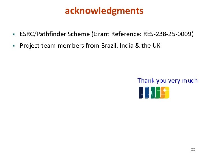 acknowledgments § ESRC/Pathfinder Scheme (Grant Reference: RES-238 -25 -0009) § Project team members from