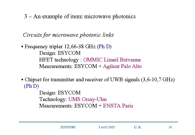 3 – An example of item: microwave photonics Circuits for microwave photonic links •