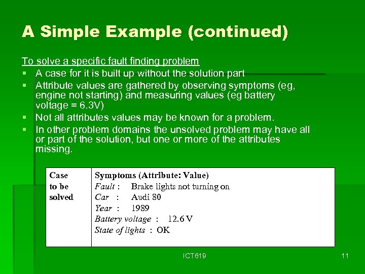 A Simple Example (continued) To solve a specific fault finding problem § A case