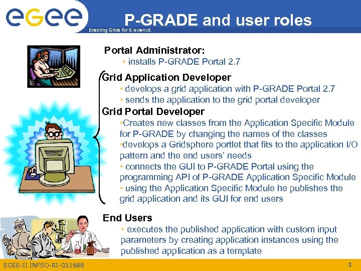 P-GRADE and user roles Enabling Grids for E-scienc. E Portal Administrator: • installs P-GRADE