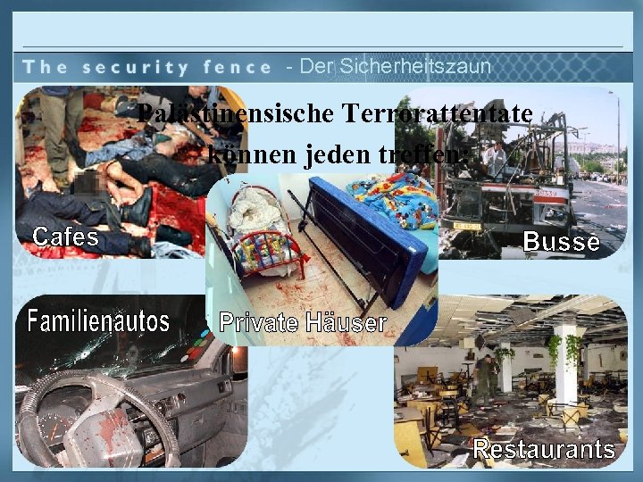- Der Sicherheitszaun Palästinensische Terrorattentate können jeden treffen: 