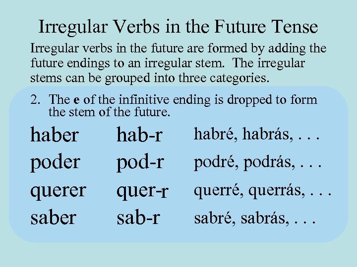 Irregular Verbs in the Future Tense Irregular verbs in the future are formed by
