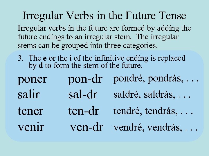 Irregular Verbs in the Future Tense Irregular verbs in the future are formed by