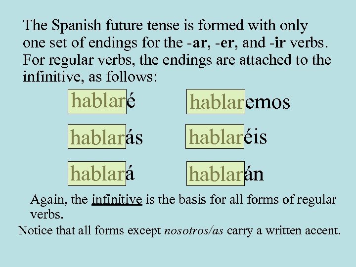 The Spanish future tense is formed with only one set of endings for the