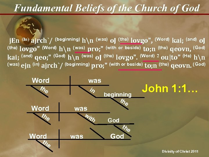 Fundamental Beliefs of the Church of God j. En (In) ajrch`/ (beginning) hn (was)