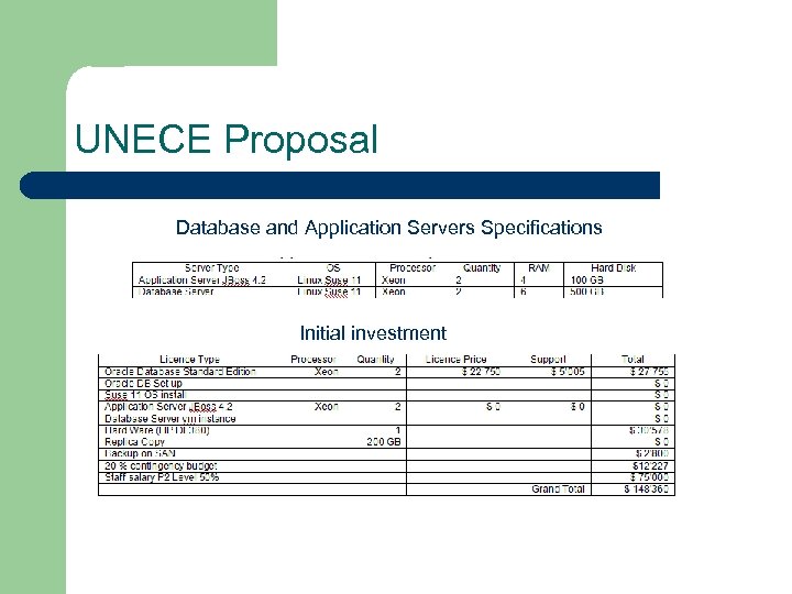 UNECE Proposal Database and Application Servers Specifications Initial investment 