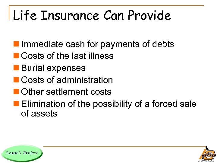 Life Insurance Can Provide n Immediate cash for payments of debts n Costs of