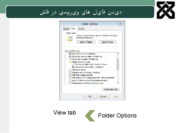  ﺩیﺪﻥ ﻓﺎیﻞ ﻫﺎی ﻭیﺮﻭﺳی ﺩﺭ ﻓﻠﺶ View tab Folder Options LOGO 