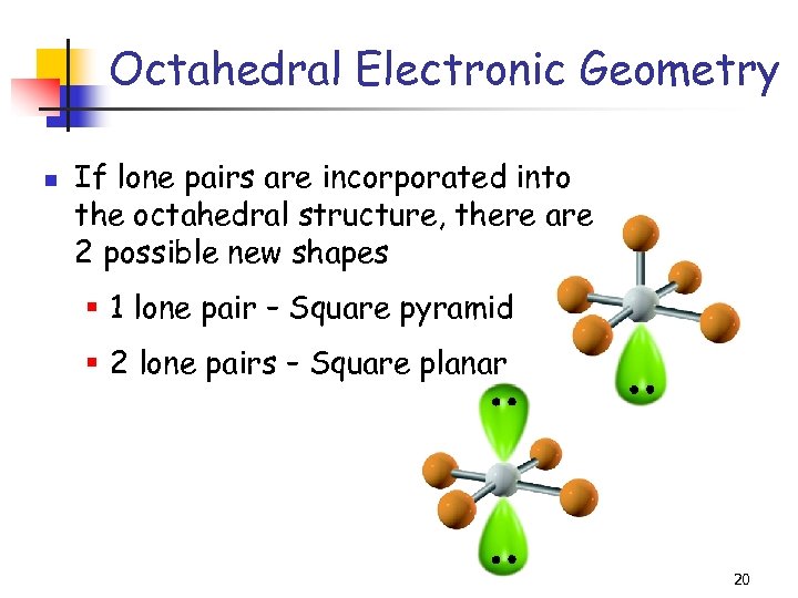 Octahedral Electronic Geometry n If lone pairs are incorporated into the octahedral structure, there