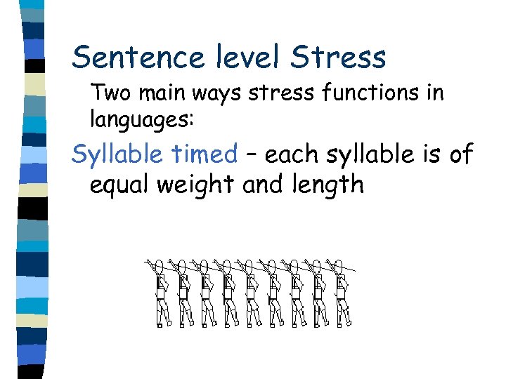 Sentence level Stress Two main ways stress functions in languages: Syllable timed – each