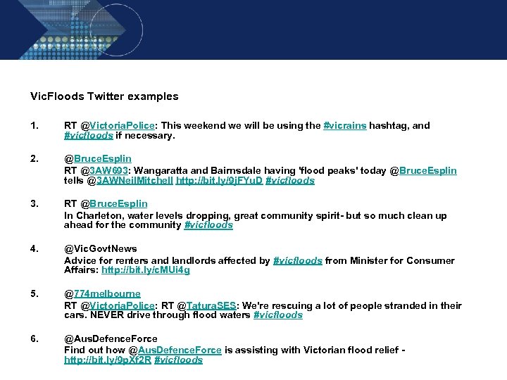 Vic. Floods Twitter examples 1. RT @Victoria. Police: This weekend we will be using