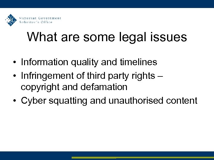 What are some legal issues • Information quality and timelines • Infringement of third