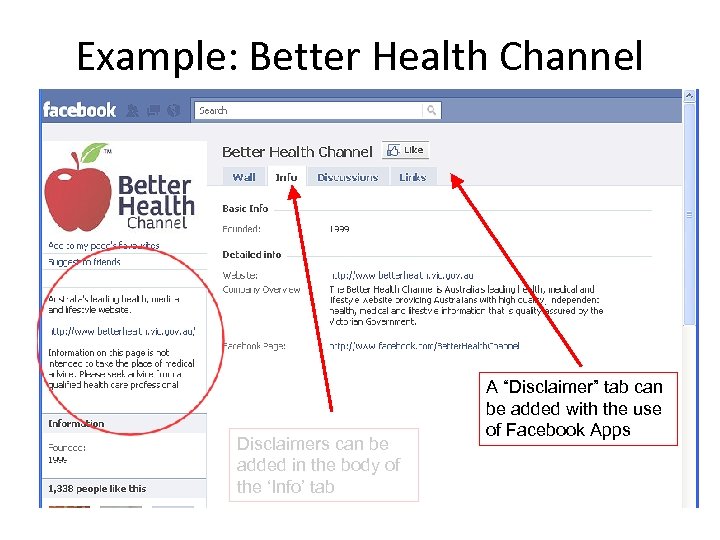 Example: Better Health Channel Disclaimers can be added in the body of the ‘Info’