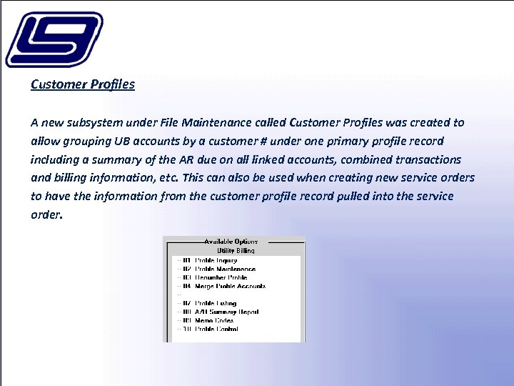 Customer Profiles A new subsystem under File Maintenance called Customer Profiles was created to
