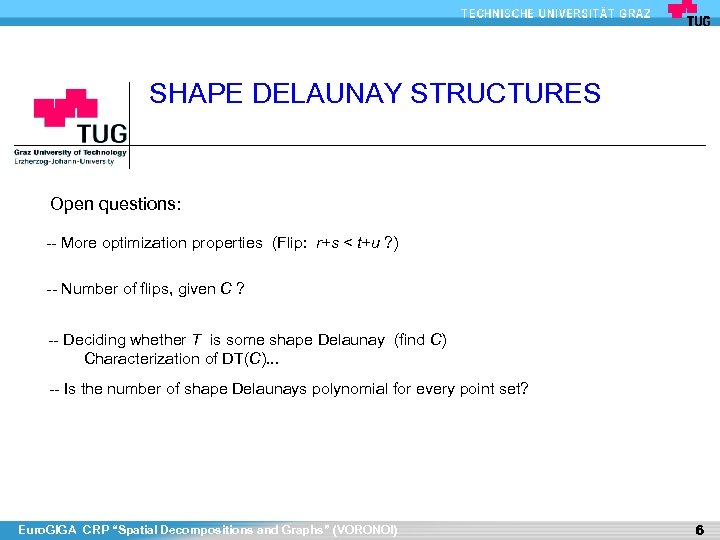 SHAPE DELAUNAY STRUCTURES Open questions: -- More optimization properties (Flip: r+s < t+u ?