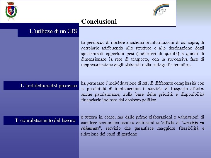 Conclusioni L’utilizzo di un GIS ha permesso di mettere a sistema le informazioni di