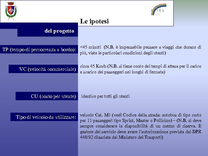 Le ipotesi del progetto TP (tempo di percorrenza a bordo): <45 minuti (N. B.