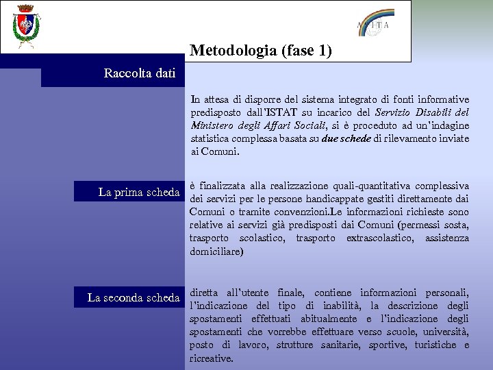 Metodologia (fase 1) Raccolta dati In attesa di disporre del sistema integrato di fonti