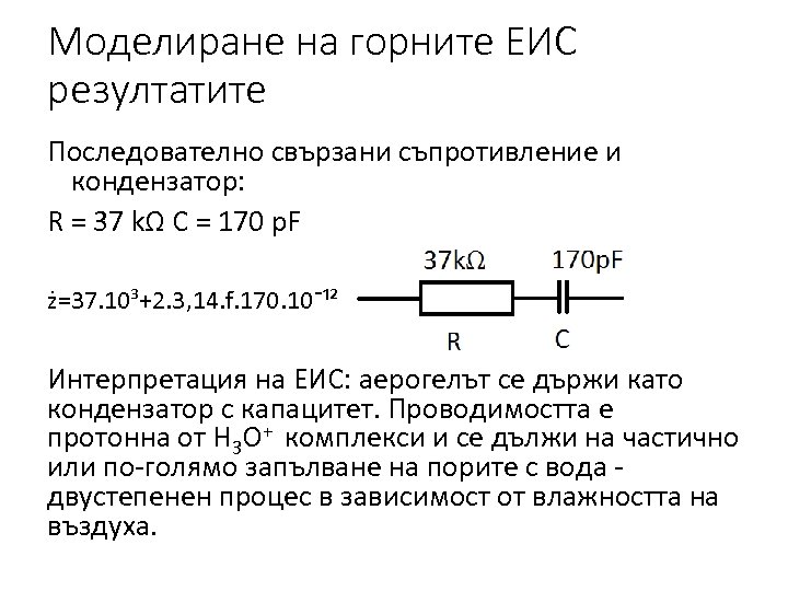 Моделиране на горните ЕИС резултатите Последователно свързани съпротивление и кондензатор: R = 37 kΩ