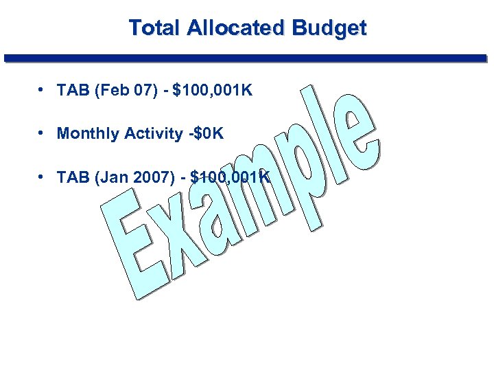 Total Allocated Budget • TAB (Feb 07) - $100, 001 K • Monthly Activity