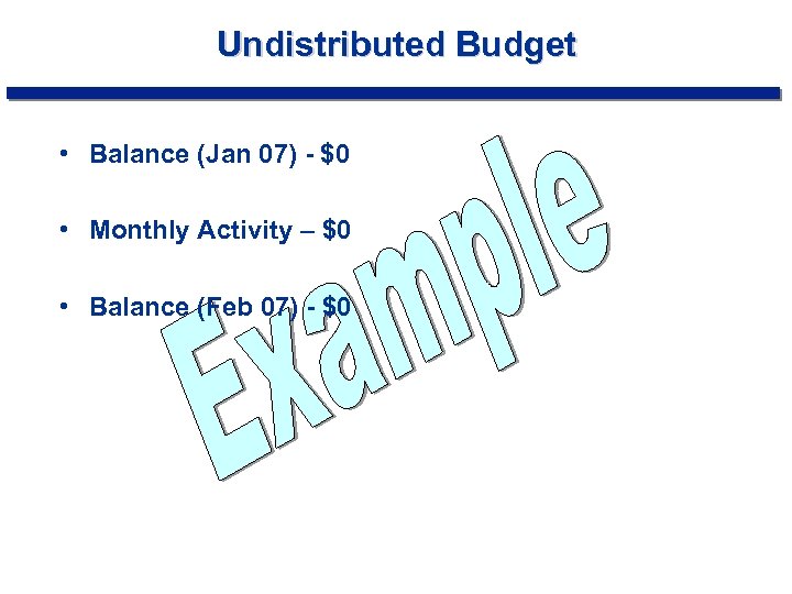 Undistributed Budget • Balance (Jan 07) - $0 • Monthly Activity – $0 •