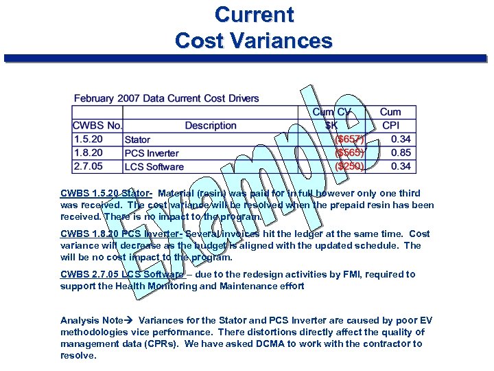 Current Cost Variances CWBS 1. 5. 20 Stator- Material (resin) was paid for in