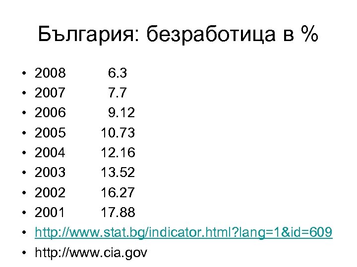 България: безработица в % • • • 2008 6. 3 2007 7. 7 2006