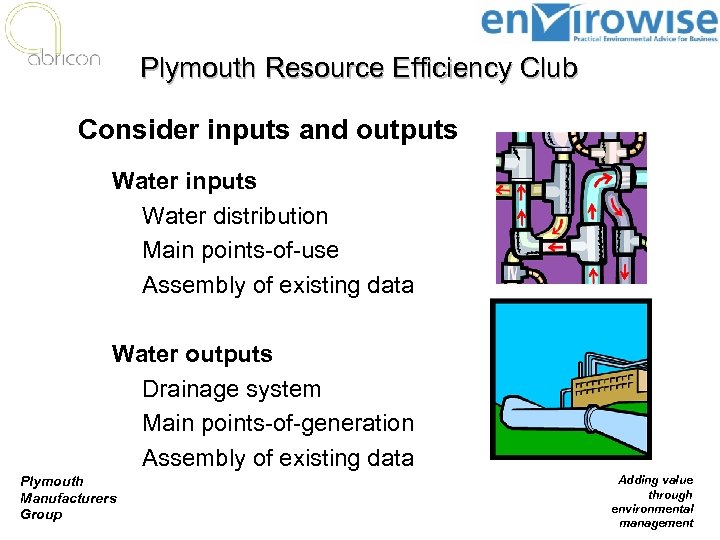 Plymouth Resource Efficiency Club Consider inputs and outputs Water inputs n Water distribution n