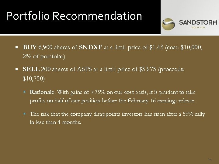 Portfolio Recommendation BUY 6, 900 shares of SNDXF at a limit price of $1.