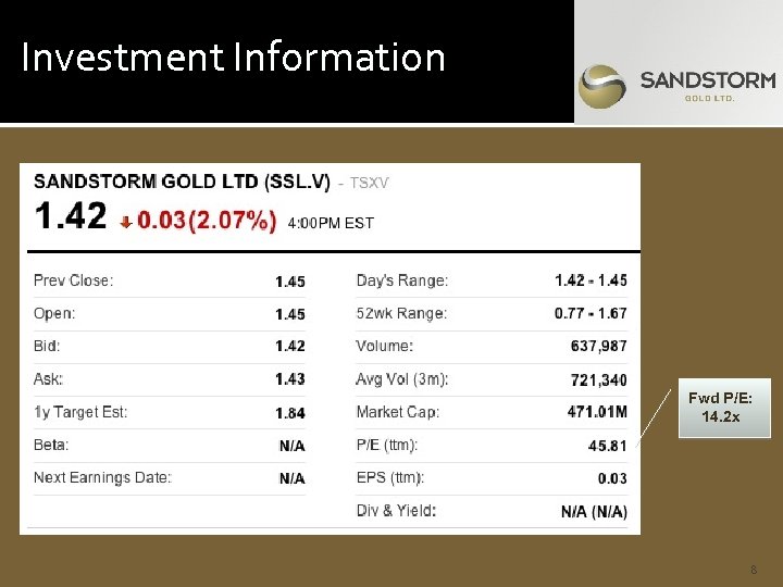 Investment Information Fwd P/E: 14. 2 x 8 