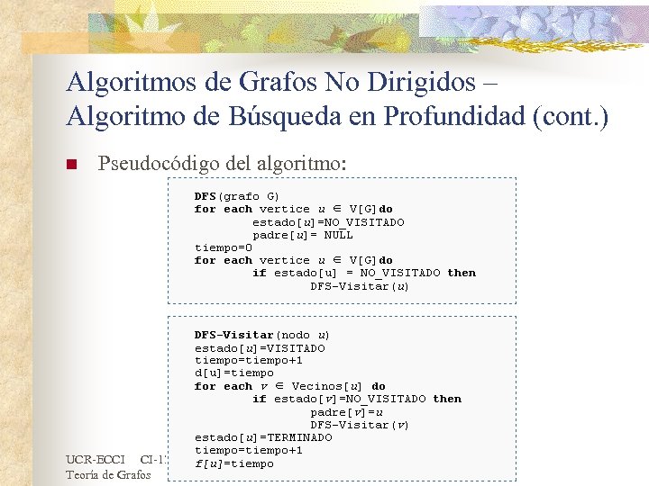 Algoritmos de Grafos No Dirigidos – Algoritmo de Búsqueda en Profundidad (cont. ) n