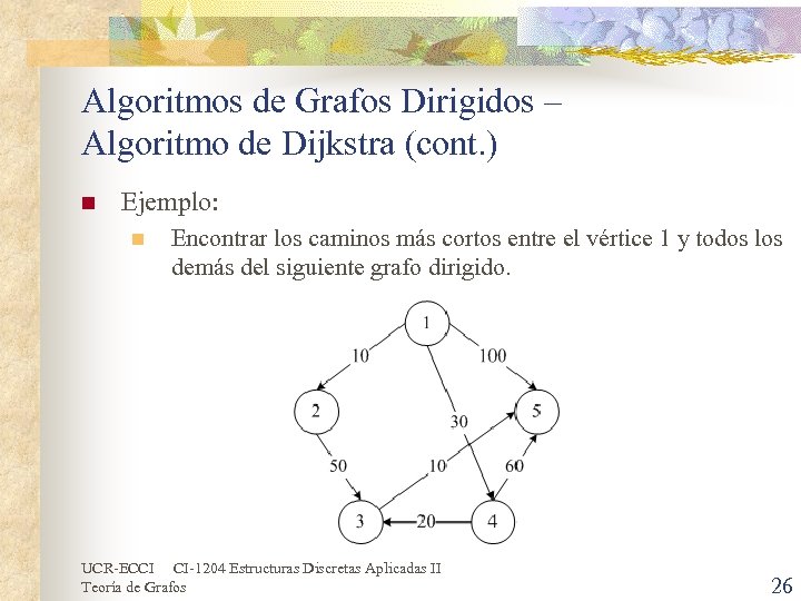 Algoritmos de Grafos Dirigidos – Algoritmo de Dijkstra (cont. ) n Ejemplo: n Encontrar