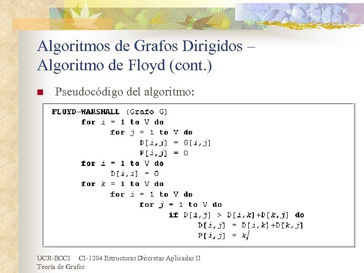 Algoritmos de Grafos Dirigidos – Algoritmo de Floyd (cont. ) n Pseudocódigo del algoritmo: