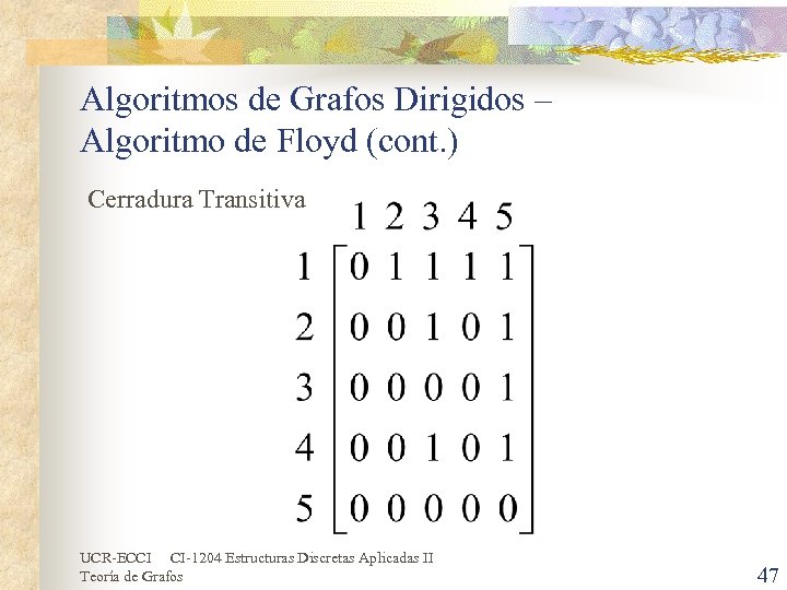 Algoritmos de Grafos Dirigidos – Algoritmo de Floyd (cont. ) Cerradura Transitiva UCR-ECCI CI-1204