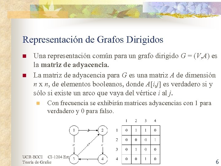 Representación de Grafos Dirigidos n n Una representación común para un grafo dirigido G