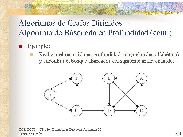 Algoritmos de Grafos Dirigidos – Algoritmo de Búsqueda en Profundidad (cont. ) n Ejemplo: