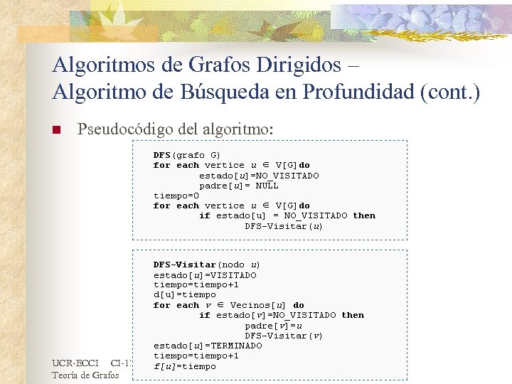 Algoritmos de Grafos Dirigidos – Algoritmo de Búsqueda en Profundidad (cont. ) n Pseudocódigo