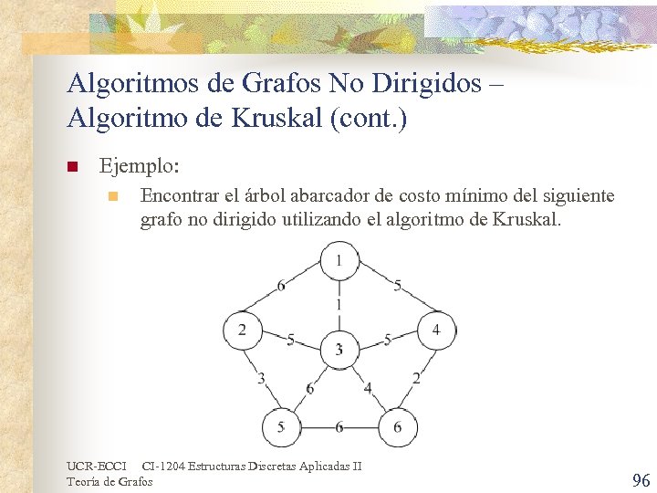 Algoritmos de Grafos No Dirigidos – Algoritmo de Kruskal (cont. ) n Ejemplo: n