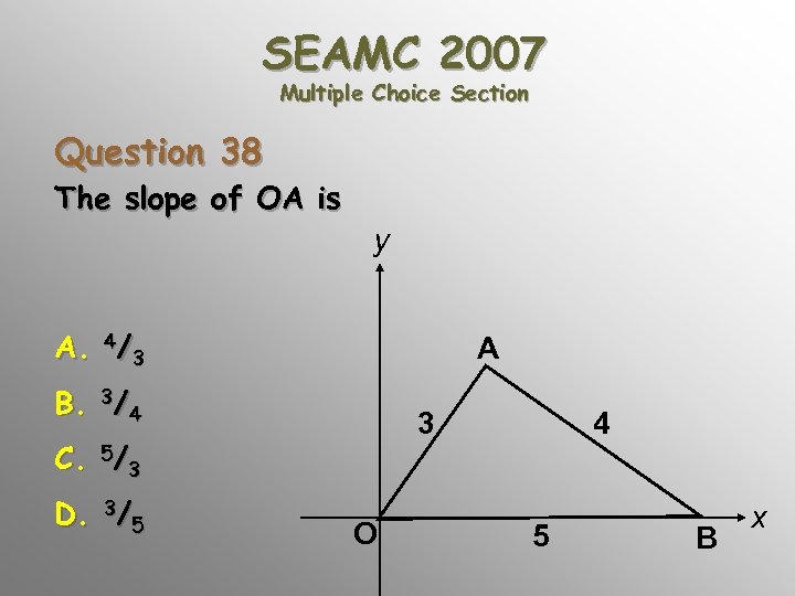 SEAMC 2007 Multiple Choice Section Question 38 The slope of OA is y A.