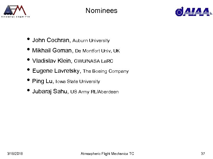 Nominees • John Cochran, Auburn University • Mikhail Goman, De Montfort Univ, UK •