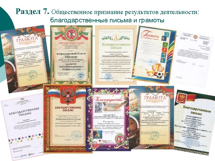 Раздел 7. Общественное признание результатов деятельности: благодарственные письма и грамоты 