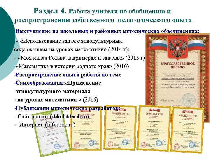 Раздел 4. Работа учителя по обобщению и распространению собственного педагогического опыта Выступление на школьных