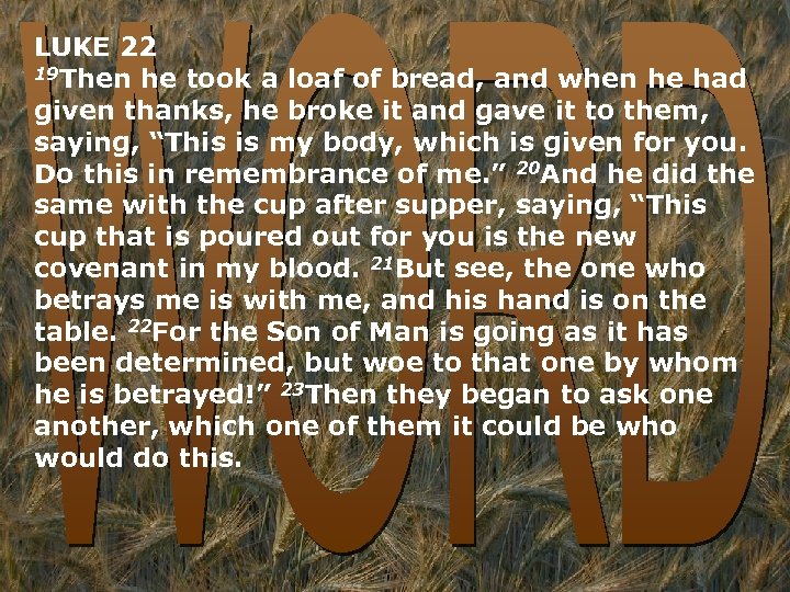 LUKE 22 19 Then he took a loaf of bread, and when he had