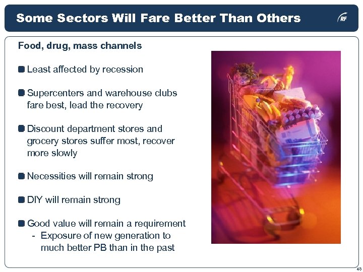 Some Sectors Will Fare Better Than Others Food, drug, mass channels Least affected by