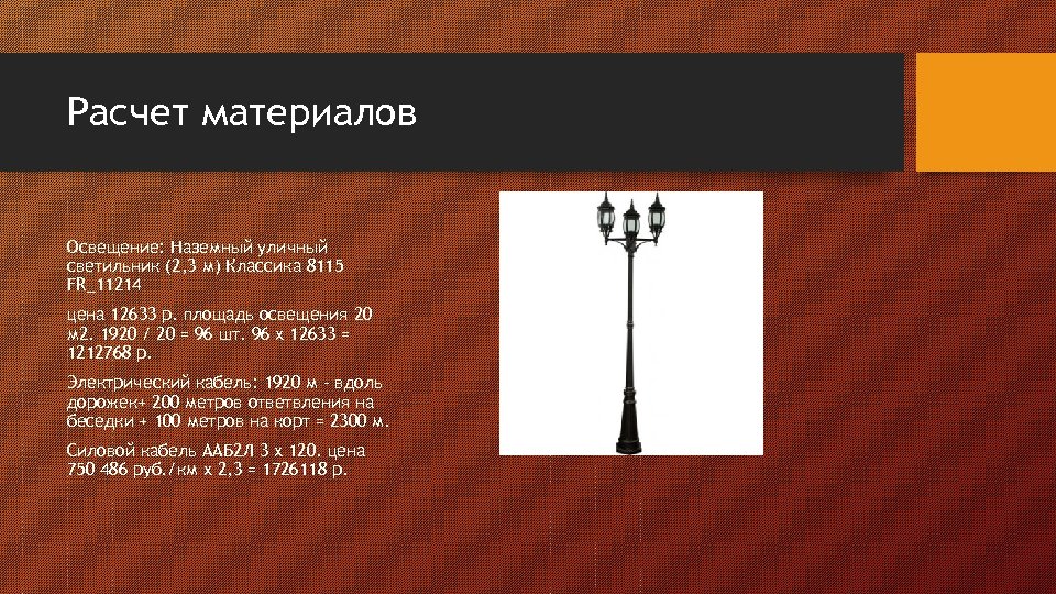 Расчет материалов Освещение: Наземный уличный светильник (2, 3 м) Классика 8115 FR_11214 цена 12633
